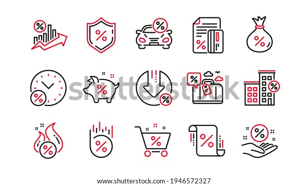Loan line icons. Investment, Interest rate and\
Percentage diagram. Car leasing linear icon set. Linear set.\
Quality line set. Vector