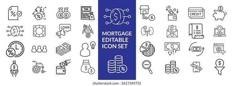 loan line icons. Mortgage, credit, debt, tax etc. Editable stroke