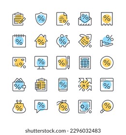 Loan line icons. Set of discount icons. Black, blue and yellow colors. Modern outline graphic design. Vector line icons set