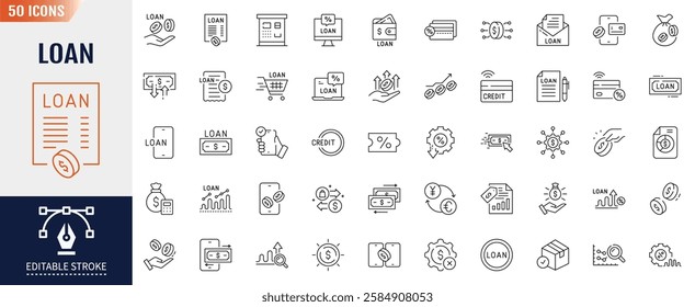 Loan line icons set. Editable stroke. Containing as mortgage, credit, debt, tax and more. Vector illustration