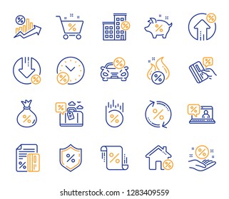 Loan line icons. Set of Investment, Interest rate and Percentage diagram linear icons. Car leasing, analytics plan, Credit card percent and loan rate. Bank mortgage, leasing, interest graph. Vector