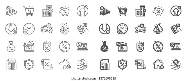 Loan line icons. Set of Investment, Interest rate and Percentage diagram linear icons. Car leasing, analytics plan, Credit card percent and loan rate. Bank mortgage, leasing, interest graph. Vector