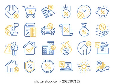 Loan Line Icons. Set Of Investment, Interest Rate And Percentage Diagram Linear Icons. Car Leasing, Analytics Plan, Credit Card Percent And Loan Rate. Bank Mortgage, Leasing, Interest Graph. Vector