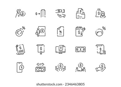 Loan lines icon set. Loan genres and attributes. Linear design. Lines with editable stroke. Isolated vector icons.