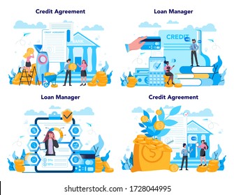 Konzeption des Kreditmanagers Bankangestellte, die mit Privat- und Geschäftskrediten oder Hypotheken arbeiten. Idee der Finanzierung von Einkommen, Geldsparen und Wohlstand. Vector-Illustration in flachem Stil
