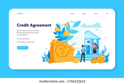 Loan manager, credit agreement web banner or landing page. Bank employee that work with individual and business credit or mortgage. Idea of finance income, money saving and wealth. Vector illustration