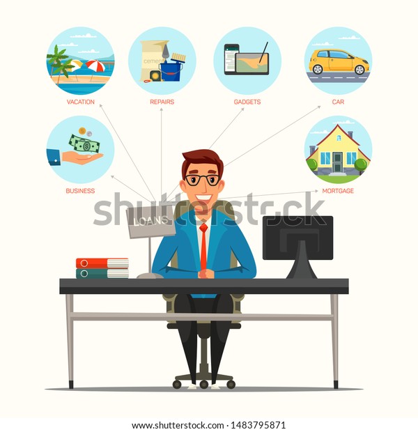 Loan manager flat vector illustration. Bank\
employee, banker, clerk sitting at workplace in bank office cartoon\
character. Business marketing and banking services. Car and\
vacation on credit,\
mortgage