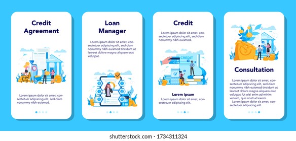 Banner-Set für den Kreditmanager für mobile Anwendungen. Bankangestellte, die mit Privat- und Geschäftskrediten oder Hypotheken arbeiten. Idee der Finanzierung von Einkommen, Geldsparen und Wohlstand. Vector-Illustration in flachem Stil