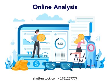 Loan manager online service or platform. Bank employee that work with individual and business credit or mortgage. Online analysis. Vector illustration