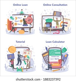 Servicio en línea de administrador de préstamos o conjunto de plataformas. Empleado bancario que trabaja con crédito o hipoteca individual y empresarial. Préstamo en línea, consulta, tutorial, cálculo. Ilustración plana del vector