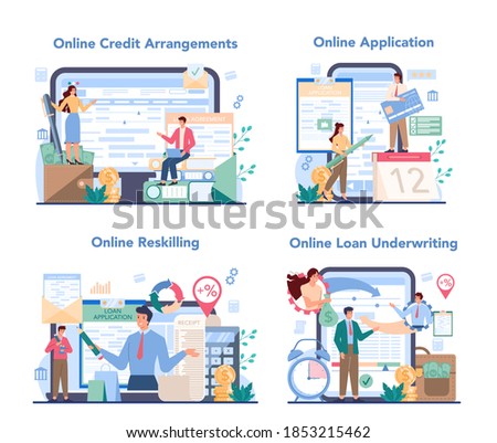 Loan manager online service or platform set. Individual and business credit or mortgage. Online credit arrangements, reskilling, underwriting, application. Vector illustration in flat style