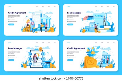 Loan manager web banner or landing page set. Bank employee that work with individual and business credit or mortgage. Idea of finance income, money saving and wealth. Vector illustration in flat style