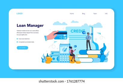 Web-Banner oder Landing-Page des Kreditmanagers. Bankangestellte, die mit Privat- und Geschäftskrediten oder Hypotheken arbeiten. Idee von Finanzeinkommen, Geldsparen und Vermögen. Vektorgrafik in Flachstil