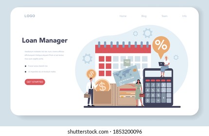 Loan manager web banner or landing page. Bank employee that work with credit or mortgage report and agreement. Idea of finance income, money saving and wealth. Vector illustration in flat style