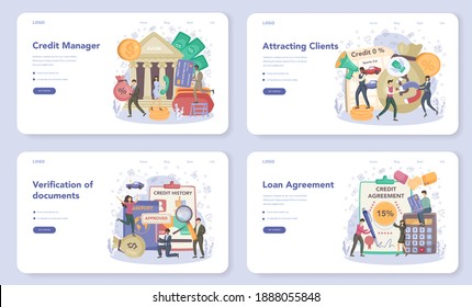 Loan manager web banner or landing page set. Bank employee that work with individual and business credit or mortgage. Idea of finance income, money saving and wealth. Vector illustration in flat style
