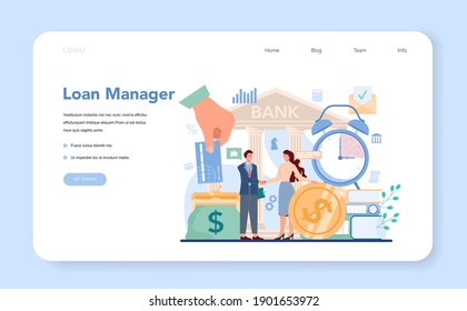 Web-Banner oder Landing-Page des Kreditmanagers. Bankangestellte, die mit Privat- und Geschäftskrediten oder Hypotheken arbeiten. Kreditantrag, Kreditvereinbarungen. Vektorgrafik in Flachstil