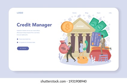Loan manager web banner or landing page. Bank employee that work with individual and business credit or mortgage. Idea of finance income, money saving and wealth. Vector illustration in flat style