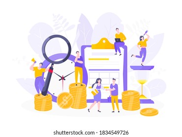 Loan money installment or credit approval business concept vector illustration. Calary payment, online payment symbols with people working together and money coins.