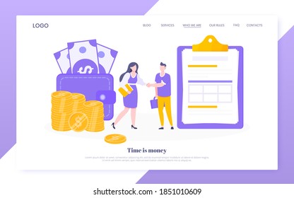 Loan money installment or credit approval business concept vector illustration. Salary payment, online payment symbols with people working together, large clipboard and money coins web template.