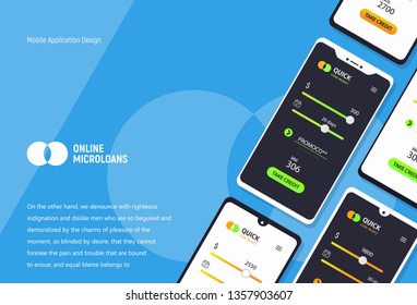Loan money mobile application concept. Micro credit ui ux interface. Mockup mobile phones with tariff plans on blue background