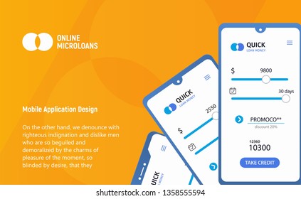 Loan money mobile application concept. App micro credit ui ux interface. Mockup mobile phones with tariff plans on yellow background