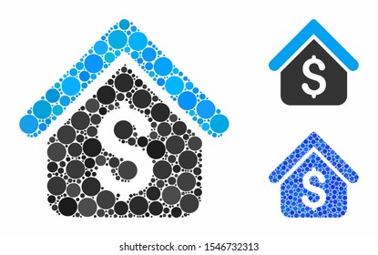 Loan mortgage composition of spheric dots in different sizes and color hues, based on loan mortgage icon. Vector dots are grouped into blue composition.