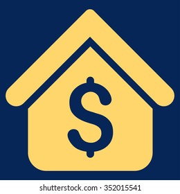Loan Mortgage vector icon. Style is flat symbol, yellow color, rounded angles, blue background.