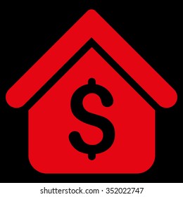 Loan Mortgage vector icon. Style is flat symbol, red color, rounded angles, black background.