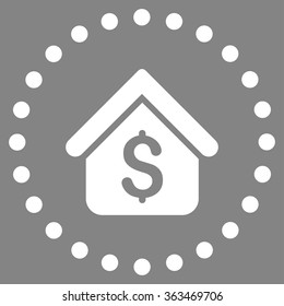 Loan Mortgage vector icon. Style is flat circled symbol, white color, rounded angles, gray background.