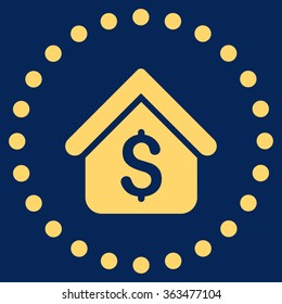Loan Mortgage vector icon. Style is flat circled symbol, yellow color, rounded angles, blue background.