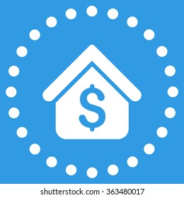 Loan Mortgage vector icon. Style is flat circled symbol, white color, rounded angles, blue background.