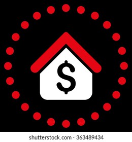 Loan Mortgage vector icon. Style is bicolor flat circled symbol, red and white colors, rounded angles, black background.