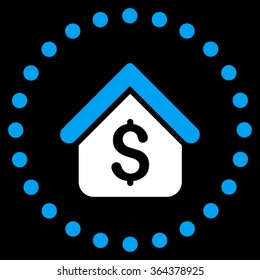 Loan Mortgage vector icon. Style is bicolor flat circled symbol, blue and white colors, rounded angles, black background.