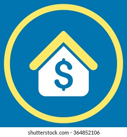 Loan Mortgage vector icon. Style is bicolor flat circled symbol, yellow and white colors, rounded angles, blue background.