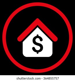 Loan Mortgage vector icon. Style is bicolor flat circled symbol, red and white colors, rounded angles, black background.