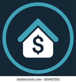 Loan Mortgage vector icon. Style is bicolor flat circled symbol, blue and white colors, rounded angles, dark blue background.