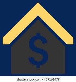 Loan Mortgage vector icon. Style is flat symbol, yellow color, blue background.