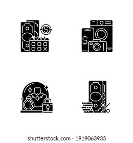 Loan office black glyph icons set on white space. Regular payments. Pawn item. Pledge safety. Surcharge. Coverage term. Materialistic value. Silhouette symbols. Vector isolated illustration