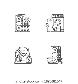 Loan office linear icons set. Regular payments. Pawn item. Pledge safety. Surcharge. Coverage term. Customizable thin line contour symbols. Isolated vector outline illustrations. Editable stroke