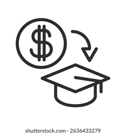 Loan on education. Tuition fee or scholarship icon. Money for education. Linear vector illustration. Graduate hat. Simple symbols.