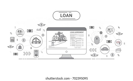 Loan on-line Info graphics. Loan agreement between the lender and the borrower. Flat line icons design contains loan offer, finance, money, bank, creditor, and debtor. Vector illustration.