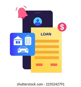 Loan online web form. Borrowed money from bank by internet for individuals or organizations. Personal fixed interest rate for car, wedding, house, business. Lending in application vector illustration