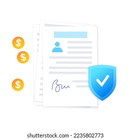 Documento de la página del préstamo en papel. Se tomó dinero prestado de un banco para personas u organizaciones. Tipo de interés fijo personal para el automóvil, la boda, la casa, el negocio. Préstamos en efectivo en la ilustración de vector plana de la agencia.