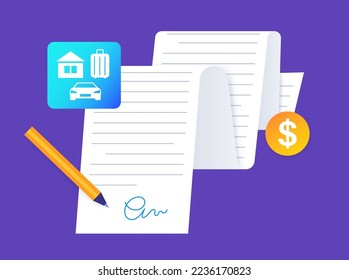 Loan paper page document. Borrowed money from bank for individuals or organizations. Personal fixed interest rate for car, wedding, house, business. Lending cash in agency flat vector illustration.