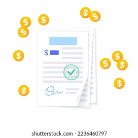 Documento de la página del préstamo en papel. Se tomó dinero prestado de un banco para personas u organizaciones. Tipo de interés fijo personal para el automóvil, la boda, la casa, el negocio. Préstamos en efectivo en la ilustración de vector plana de la agencia.