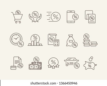 Loan payment icon set. Line icons collection on white background. Money, credit, percent. Investment concept. Can be used for topics like management, banking, loan