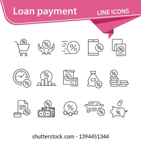 Loan payment icon set. Line icons collection on white background. Money, credit, percent. Investment concept. Can be used for topics like management, banking, loan