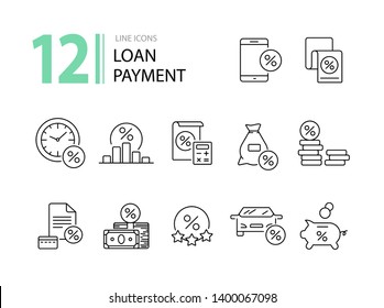 Loan payment icon set. Line icons collection on white background. Money, credit, percent. Investment concept. Can be used for topics like management, banking, loan