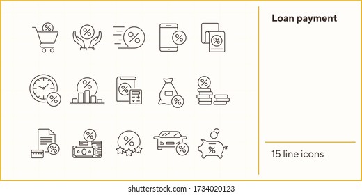 Juego de iconos de pago de préstamo. Colección de iconos de línea en fondo blanco. Dinero, crédito, porcentaje. Concepto de inversión. Se puede usar para temas como administración, banca, préstamos