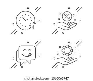 Loan percent, 24 hours and Yummy smile line icons set. Employee hand sign. Discount hand, Time, Emoticon. Work gear. Technology set. Line loan percent outline icon. Vector